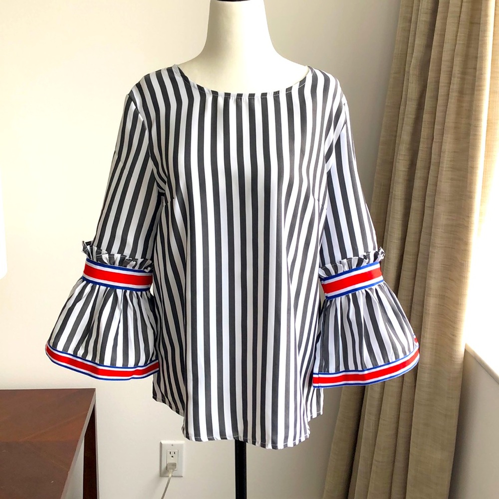 Striped Black and White Blouse with Red and Blue Accents